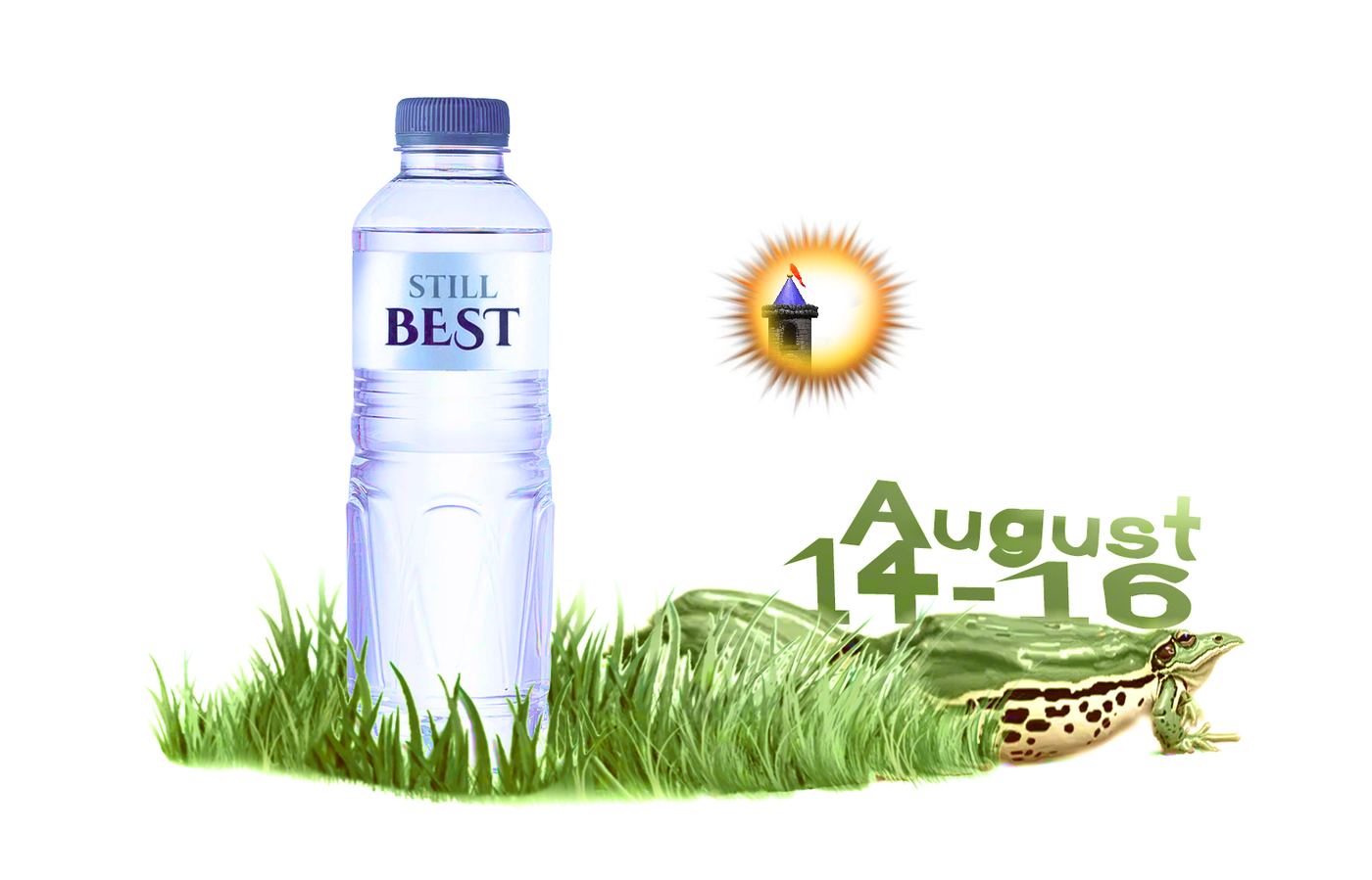 Festival poster: a bottle of still water in clip-art grass, a frog, and the dates August 14–16.
